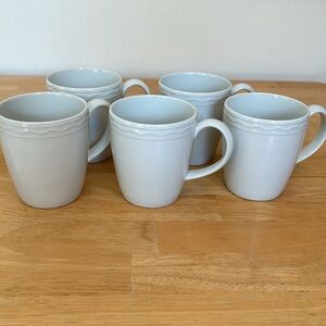 Crate & Barrel White Palazzo Coffee Tea Mugs Cups 8 Oz Embossed Top Edge Set 5